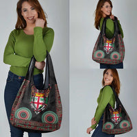 Fiji Coat of Arms Traditional Dashiki Grocery Bag Tapa Art and Palm Leaves Pattern Black Color LT03 - Polynesian Pride
