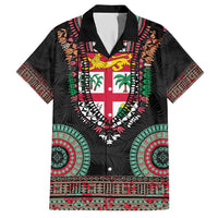 Fiji Coat of Arms Traditional Dashiki Hawaiian Shirt Tapa Art and Palm Leaves Pattern Black Color LT03 Black - Polynesian Pride