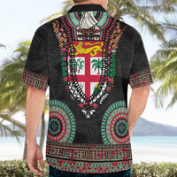 Fiji Coat of Arms Traditional Dashiki Hawaiian Shirt Tapa Art and Palm Leaves Pattern Black Color LT03 - Polynesian Pride
