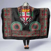 Fiji Coat of Arms Traditional Dashiki Hooded Blanket Tapa Art and Palm Leaves Pattern Black Color LT03 One Size Black - Polynesian Pride