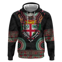 Fiji Coat of Arms Traditional Dashiki Hoodie Tapa Art and Palm Leaves Pattern Black Color LT03 Pullover Hoodie Black - Polynesian Pride