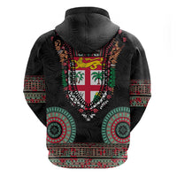Fiji Coat of Arms Traditional Dashiki Hoodie Tapa Art and Palm Leaves Pattern Black Color LT03 - Polynesian Pride