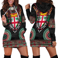 Fiji Coat of Arms Traditional Dashiki Hoodie Dress Tapa Art and Palm Leaves Pattern Black Color LT03 - Polynesian Pride