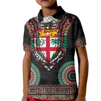 Fiji Coat of Arms Traditional Dashiki Kid Polo Shirt Tapa Art and Palm Leaves Pattern Black Color LT03 Kid Black - Polynesian Pride