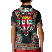 Fiji Coat of Arms Traditional Dashiki Kid Polo Shirt Tapa Art and Palm Leaves Pattern Black Color LT03 - Polynesian Pride