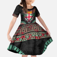 Fiji Coat of Arms Traditional Dashiki Kid Short Sleeve Dress Tapa Art and Palm Leaves Pattern Black Color LT03 KID Black - Polynesian Pride