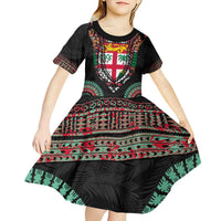 Fiji Coat of Arms Traditional Dashiki Kid Short Sleeve Dress Tapa Art and Palm Leaves Pattern Black Color LT03 - Polynesian Pride