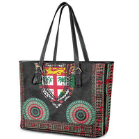 Fiji Coat of Arms Traditional Dashiki Leather Tote Bag Tapa Art and Palm Leaves Pattern Black Color LT03 - Polynesian Pride