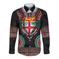 Fiji Coat of Arms Traditional Dashiki Long Sleeve Button Shirt Tapa Art and Palm Leaves Pattern Black Color LT03 Unisex Black - Polynesian Pride