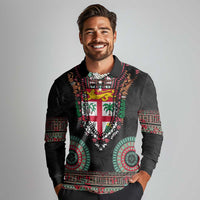Fiji Coat of Arms Traditional Dashiki Long Sleeve Polo Shirt Tapa Art and Palm Leaves Pattern Black Color LT03 - Polynesian Pride