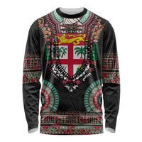 Fiji Coat of Arms Traditional Dashiki Long Sleeve Shirt Tapa Art and Palm Leaves Pattern Black Color LT03 Unisex Black - Polynesian Pride
