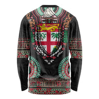 Fiji Coat of Arms Traditional Dashiki Long Sleeve Shirt Tapa Art and Palm Leaves Pattern Black Color LT03 - Polynesian Pride