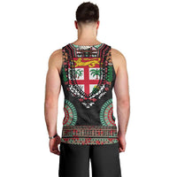 Fiji Coat of Arms Traditional Dashiki Men Tank Top Tapa Art and Palm Leaves Pattern Black Color LT03 - Polynesian Pride