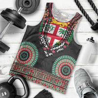 Fiji Coat of Arms Traditional Dashiki Men Tank Top Tapa Art and Palm Leaves Pattern Black Color LT03 - Polynesian Pride