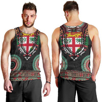 Fiji Coat of Arms Traditional Dashiki Men Tank Top Tapa Art and Palm Leaves Pattern Black Color LT03 - Polynesian Pride