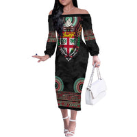 Fiji Coat of Arms Traditional Dashiki Off The Shoulder Long Sleeve Dress Tapa Art and Palm Leaves Pattern Black Color LT03 Women Black - Polynesian Pride