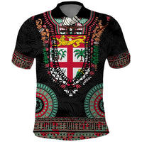 Fiji Coat of Arms Traditional Dashiki Polo Shirt Tapa Art and Palm Leaves Pattern Black Color LT03 Black - Polynesian Pride