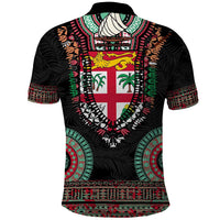 Fiji Coat of Arms Traditional Dashiki Polo Shirt Tapa Art and Palm Leaves Pattern Black Color LT03 - Polynesian Pride