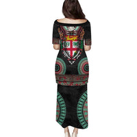 Fiji Coat of Arms Traditional Dashiki Puletasi Tapa Art and Palm Leaves Pattern Black Color LT03 - Polynesian Pride