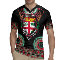 Fiji Coat of Arms Traditional Dashiki Rugby Jersey Tapa Art and Palm Leaves Pattern Black Color LT03 - Polynesian Pride
