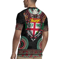 Fiji Coat of Arms Traditional Dashiki Rugby Jersey Tapa Art and Palm Leaves Pattern Black Color LT03 - Polynesian Pride