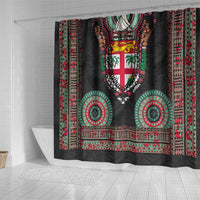 Fiji Coat of Arms Traditional Dashiki Shower Curtain Tapa Art and Palm Leaves Pattern Black Color LT03 - Polynesian Pride
