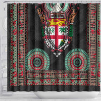 Fiji Coat of Arms Traditional Dashiki Shower Curtain Tapa Art and Palm Leaves Pattern Black Color LT03 - Polynesian Pride