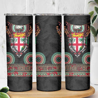 Fiji Coat of Arms Traditional Dashiki Skinny Tumbler Tapa Art and Palm Leaves Pattern Black Color LT03 - Polynesian Pride