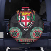 Fiji Coat of Arms Traditional Dashiki Spare Tire Cover Tapa Art and Palm Leaves Pattern Black Color LT03 No hole Black - Polynesian Pride