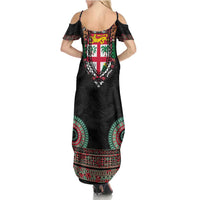 Fiji Coat of Arms Traditional Dashiki Summer Maxi Dress Tapa Art and Palm Leaves Pattern Black Color LT03 - Polynesian Pride
