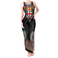 Fiji Coat of Arms Traditional Dashiki Tank Maxi Dress Tapa Art and Palm Leaves Pattern Black Color LT03 Women Black - Polynesian Pride