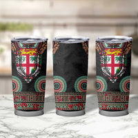 Fiji Coat of Arms Traditional Dashiki Tumbler Cup Tapa Art and Palm Leaves Pattern Black Color LT03 - Polynesian Pride