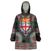 Fiji Coat of Arms Traditional Dashiki Wearable Blanket Hoodie Tapa Art and Palm Leaves Pattern Black Color LT03 One Size Black - Polynesian Pride