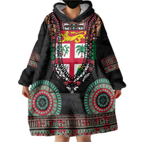 Fiji Coat of Arms Traditional Dashiki Wearable Blanket Hoodie Tapa Art and Palm Leaves Pattern Black Color LT03 - Polynesian Pride