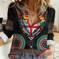 Fiji Coat of Arms Traditional Dashiki Women Casual Shirt Tapa Art and Palm Leaves Pattern Black Color LT03 Female Black - Polynesian Pride