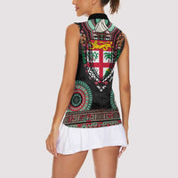 Fiji Coat of Arms Traditional Dashiki Women Sleeveless Polo Shirt Tapa Art and Palm Leaves Pattern Black Color LT03 - Polynesian Pride