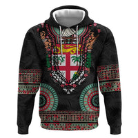 Fiji Coat of Arms Traditional Dashiki Zip Hoodie Tapa Art and Palm Leaves Pattern Black Color LT03 Pullover Hoodie Black - Polynesian Pride