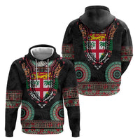 Fiji Coat of Arms Traditional Dashiki Zip Hoodie Tapa Art and Palm Leaves Pattern Black Color LT03 - Polynesian Pride