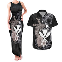 Hawaiian Whale and Kanaka Maoli Symbol Couples Matching Tank Maxi Dress and Hawaiian Shirt Hibiscus with Hawaii Map and Polynesian Tattoo Grayscale Color LT03 Black - Polynesian Pride