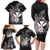 Hawaiian Whale and Kanaka Maoli Symbol Family Matching Long Sleeve Bodycon Dress and Hawaiian Shirt Hibiscus with Hawaii Map and Polynesian Tattoo Grayscale Color LT03 - Polynesian Pride