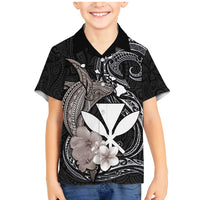 Hawaiian Whale and Kanaka Maoli Symbol Family Matching Mermaid Dress and Hawaiian Shirt Hibiscus with Hawaii Map and Polynesian Tattoo Grayscale Color LT03 Son's Shirt Black - Polynesian Pride