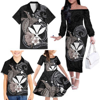 Hawaiian Whale and Kanaka Maoli Symbol Family Matching Off The Shoulder Long Sleeve Dress and Hawaiian Shirt Hibiscus with Hawaii Map and Polynesian Tattoo Grayscale Color LT03 - Polynesian Pride