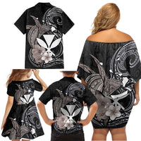 Hawaiian Whale and Kanaka Maoli Symbol Family Matching Off Shoulder Short Dress and Hawaiian Shirt Hibiscus with Hawaii Map and Polynesian Tattoo Grayscale Color LT03 - Polynesian Pride