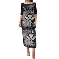Hawaiian Whale and Kanaka Maoli Symbol Family Matching Puletasi and Hawaiian Shirt Hibiscus with Hawaii Map and Polynesian Tattoo Grayscale Color LT03 Mom's Dress Black - Polynesian Pride