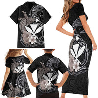 Hawaiian Whale and Kanaka Maoli Symbol Family Matching Short Sleeve Bodycon Dress and Hawaiian Shirt Hibiscus with Hawaii Map and Polynesian Tattoo Grayscale Color LT03 - Polynesian Pride