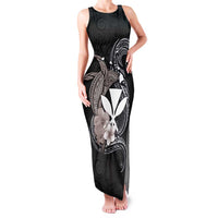 Hawaiian Whale and Kanaka Maoli Symbol Family Matching Tank Maxi Dress and Hawaiian Shirt Hibiscus with Hawaii Map and Polynesian Tattoo Grayscale Color LT03 Mom's Dress Black - Polynesian Pride