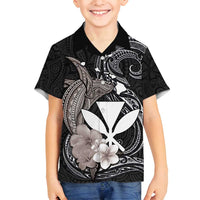 Hawaiian Whale and Kanaka Maoli Symbol Family Matching Tank Maxi Dress and Hawaiian Shirt Hibiscus with Hawaii Map and Polynesian Tattoo Grayscale Color LT03 Son's Shirt Black - Polynesian Pride