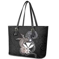 Hawaiian Whale and Kanaka Maoli Symbol Leather Tote Bag Hibiscus with Hawaii Map and Polynesian Tattoo Grayscale Color LT03 - Polynesian Pride