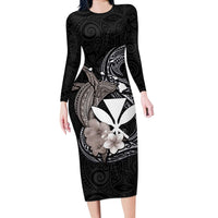 Hawaiian Whale and Kanaka Maoli Symbol Long Sleeve Bodycon Dress Hibiscus with Hawaii Map and Polynesian Tattoo Grayscale Color LT03 Long Dress Black - Polynesian Pride