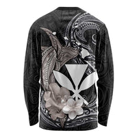 Hawaiian Whale and Kanaka Maoli Symbol Long Sleeve Shirt Hibiscus with Hawaii Map and Polynesian Tattoo Grayscale Color LT03 - Polynesian Pride